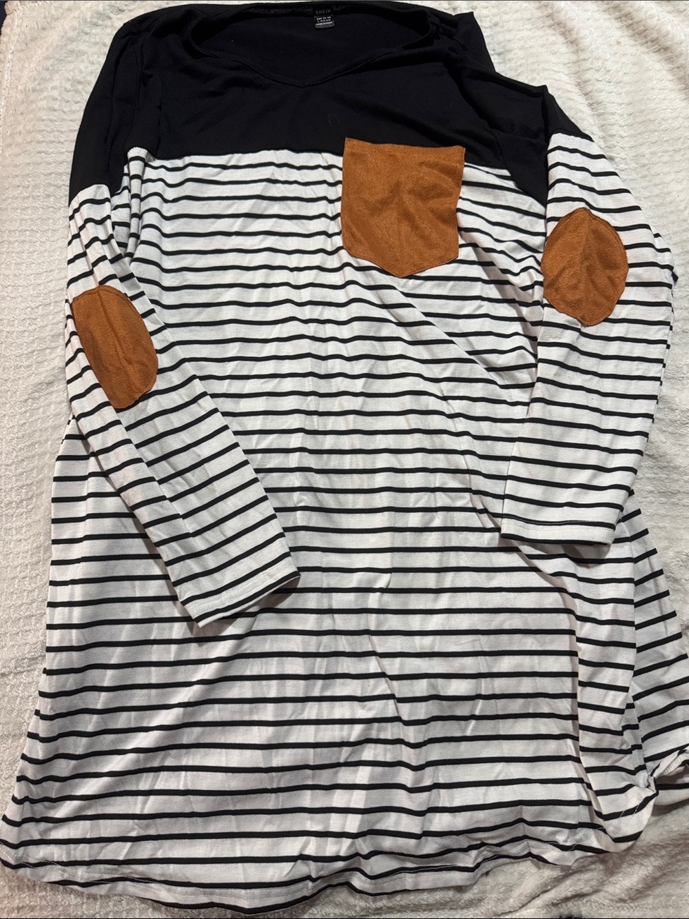 SHEIN Black & White Striped Long Sleeve Dress with Brown Pocket & Elbow Patches